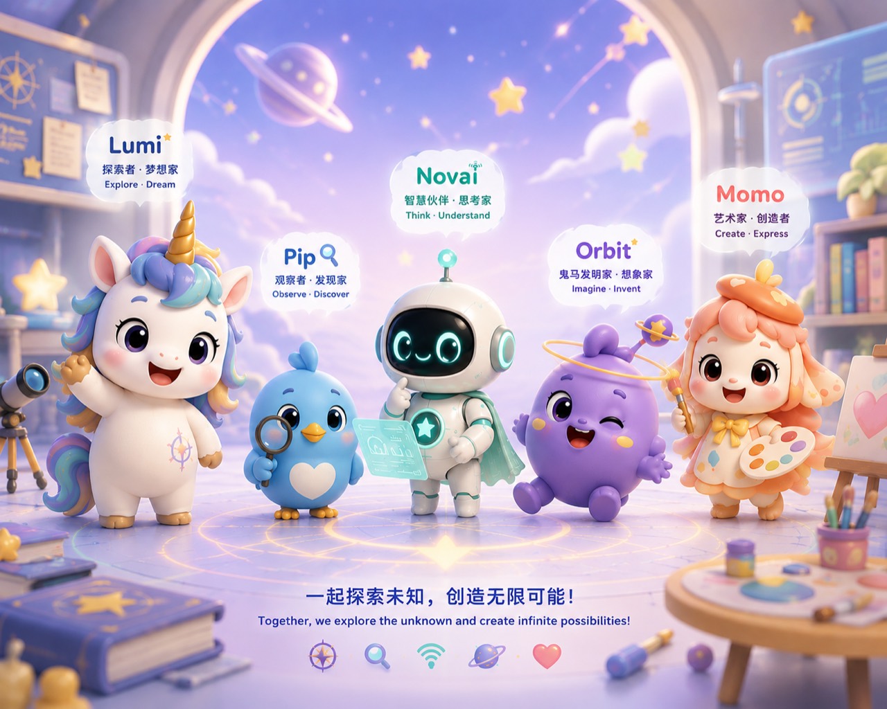 Lumi, Pip, Novai, Orbit and Momo explore a starry mathematics learning lab together